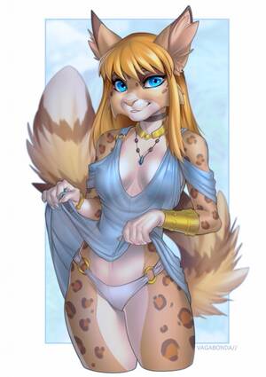 Female Furry Lynx Porn - 22112 - suggestive, artist:vagabondbastard, feline, lynx, mammal, anthro,  armband, blue eyes, bottomwear, breasts, choker, clothes, dress, female, fur,  hair, jewelry, looking at you, necklace, nipple outline, orange fur,  panties, skirt, skirt lift,