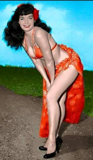 betty bettie page color nude - Bettie Page tiki hula girl island bikini summer pin up red orange floral  sarong heels hair flower color photo print ad