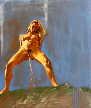 girl pissing on nude beach - Pissing On blue Painting by Elpida Georgiou | Saatchi Art