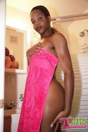 flat chested black shemales only - Dark skinned flat chested Tgirl with nice ass washes her nice cock in the  shower