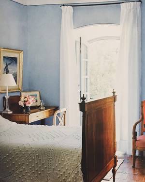 guest room - A bedroom from Agnelli's Il Convento, Corscia. Photo by FranÃ§ois Halard.