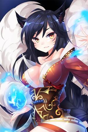 kitsune huge breasts anime - ahri animal ears bare shoulders black hair breasts cleavage detached  sleeves facial mark fingernails fox ears fox tail korean clothes large  breasts league ...