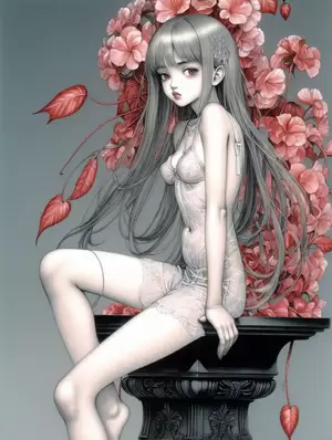 naked fantasy cartoon girls - Ethereal Nude Girl with Red Begonias AmanoInspired Fantasy Art | MUSE AI