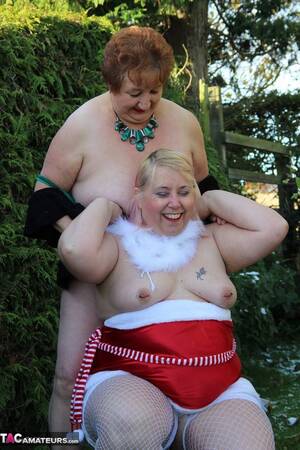 fat granny lingerie - Bbw Grannies Teases With Their Monster Boobs And Humongous Asses In A  Garden Wearing Red And White Xmas Edition Lingerie, White Stockings And Red  High Heels And Black Blouse, Green Lingerie And