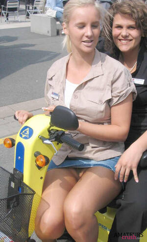 blonde sitting upskirt - sitting on a scooter with a miniskirt and no panties having a oops upskirt  moment with