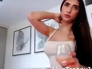 gorgeous shemales brunette - Gorgeous brunette shemale in a tight dress strokes her cock - Tranny.one