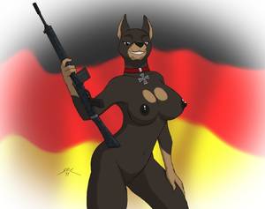Nazi Furry Female Porn Only - e621 2011 anthro assault_rifle big_breasts black_nipples breasts brown_eyes  camo canine collar doberman dog female german_flag gun