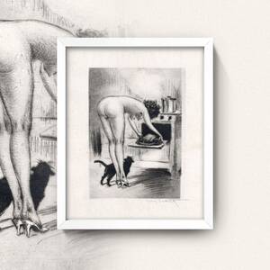 free vintage nude beach - Nude in the Kitchen Print Vintage Kitchen Erotica 3 Sizes RisquÃ© Cook  Bending Over a Hot Oven in Sexy High Heels With a Black Cat - Etsy