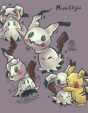 Mimikyu Cute Art Porn - Mimikyu, Pikachu, cute, text, smiling, happy, blushing, hugging, Trainer;  PokÃ©mon