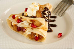 Food Porn Asian - Caramelized Asian Pear Crepes with Creme Fraiche, Macadamia Nuts,  Pomegranate and Chocolate Sauce