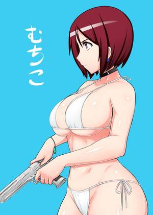 bikini anime cartoons - bikini breasts choker gun highres king_of_fighters large_breasts okyou  purple_eyes red_hair short_hair side-tie_bikini simple_background solo  swimsuit ...
