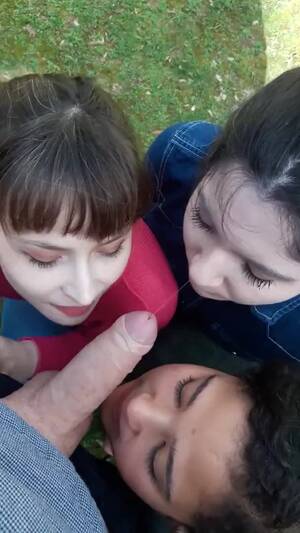 girls share a blowjob - Horny girls share big dick and make triple outdoor blowjob to their good  friend