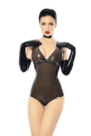Clear Latex Leotard Porn - Stunner in translucent latex leotard and black elbow-length latex gloves