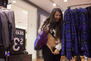 Girls Dripping Pussy In Public - Hot college girl flashing her hairy pussy in clothing store
