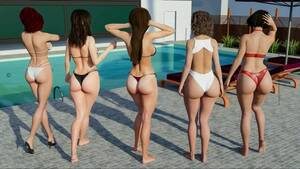 anime bikini 3d - 3D Cartoon MILFs with big boobs in sexy bikini having Pool Party