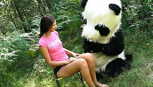 in panda costume - Playful brunette teen Molly undresses in front of guy in Panda costume