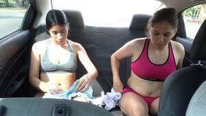 lesbian bra strip - Lesbians strip naked in the car on the way to the gym Porn Video - Rexxx
