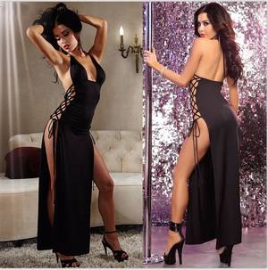 Long Gown Porn - Women Sexy Dress Party Night Club Dress Long Off Shoulder Halter Black  Satin Nightdress Side Split