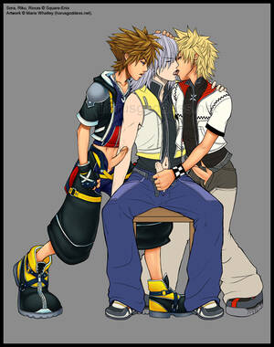 Kingdom Hearts Yaoi Porn - riku (kingdom hearts), roxas, sora (kingdom hearts), kingdom hearts, hand  on head, tagme, 3boys, blonde hair, blue eyes, brown hair, erection,  fingerless gloves, gloves, group sex, handjob, kiss, long hair, male focus,