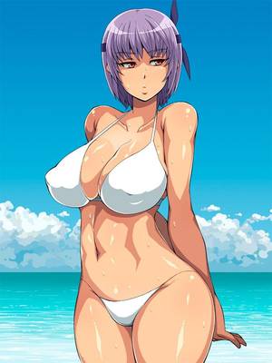 hot thong hentai - ayane (doa) bikini breasts cleavage cloud dead or alive enoshima iki  highres huge breasts navel ocean purple hair shiny shiny skin short hair  sky solo sweat ...