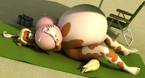 furry lactating boobs - 3d annabelle_cow anthro anthroanim areola beach belly big_belly big_breasts  blonde_hair bovine breasts cans cattle chair erect_nipples