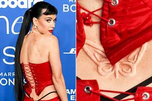 Miley Cyrus Katy Perry Porn - Katy Perry Rocks Butterfly Tattoo Prosthetic and G-String on Red Carpet