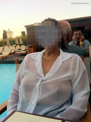 large mature boobs flash - Mature tits big nipples under white see through shirt