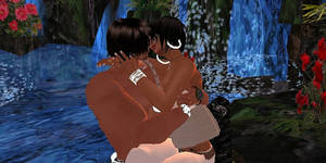 best sex games - 3D lovers kiss by a virtual waterfall.