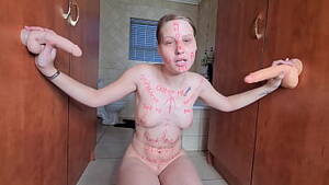 black trashy sluts - Trashy slut full of shaming words written on her body using 2 dildos and  fantasizing how she gets spitroast by 2 real cocks - XVIDEOS.COM