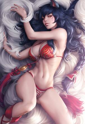 Lol Ahri Porn Rul - Rule 34 - 1girls abs ahri artgerm bikini black hair cat ears cleavage  female fox ears fox tail league of legends long hair looking at viewer  lying on back medium breasts multiple