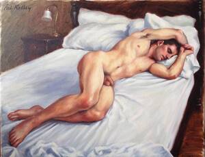 Naked Men Sleeping - Man Sleeping in Antique Bed Painting by Pat Kelley | Saatchi Art