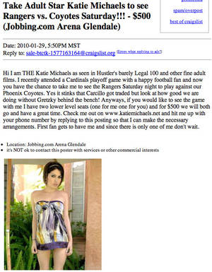 craigslist - Katie Michaels' Craigslist Pitch: Porn Star Wants Hockey Companion (PHOTO)