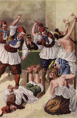 erotic caning art - tied man bastinadoed while women are caned