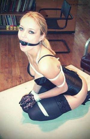 Bondage Glove Porn - BDSM Bondage Blonde Bound & Gagged in Lingerie, Corset, Gloves, Heels & Hold