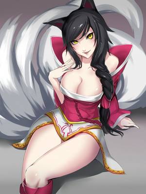 hentai fox girl with apron - ahri animal ears bare shoulders black hair braid breasts cleavage fox ears  fox tail highres kumiko (aleron) large breasts league of legends long hair  ...