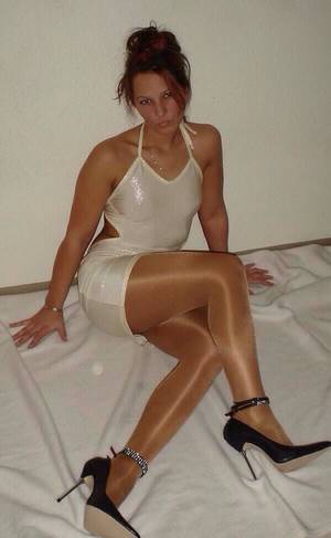 Ankle Strap High Heels Stockings - Sheer Shimmer Pantyhose Ivory Bodycon Dress and Black Ankle Strap High Heels