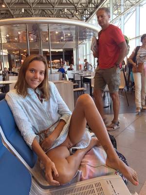crouching upskirt pussy public - Katya Clover happy without panties on the airport