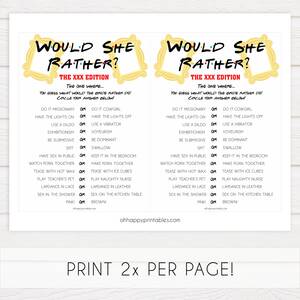 dirty party games - XXX Would She Rather Game | Printable Adult Bachelorette Party Games â€“  OhHappyPrintables