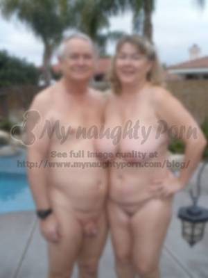 Big Fat Wife - Huge nipples on huge breasts of my wife and her fat shaved twat with my fat  shaved penis posing nude at our house garden