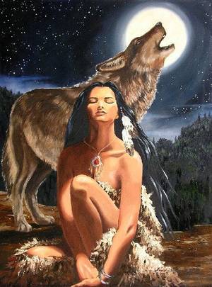 american indian maiden nude - Print wolf Native American Indian maiden nude giclee fantasy