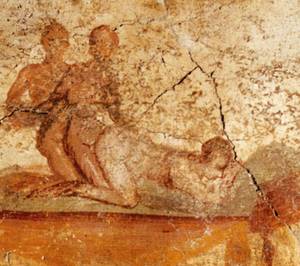 Ancient Roman Porn Frescos - Fresco painting from Pompeii featuring two men and a woman.