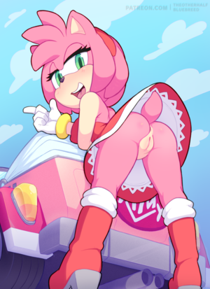 hentai amy rose upskirt - bluebreed, the other half, amy rose, sonic the hedgehog, sonic (series),  absurdres, collaboration, highres, 1girl, :d, animal nose, anus, ass, bare  arms, bent over, blue sky, boots, bracelet, breasts, car, cleft of