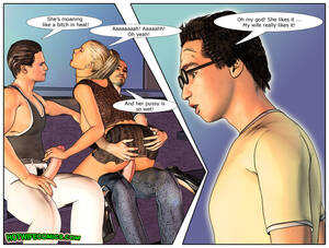 cuckold toon pussy - Cuckold comics. Cheating wife fucked by two on the husband eyes