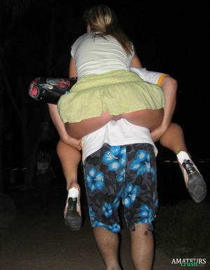 exposed accidental upskirt - accidental upskirt while her friend lift her up on his back showing her  rear pussy