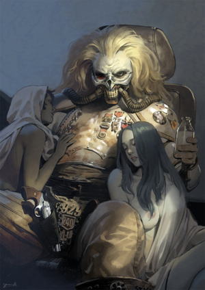 mad max movie toon porn - yuu kikuchi, cheedo the fragile, immortan joe, toast the knowing, mad max, mad  max: fury road, 1boy, 2girls, black hair, blonde hair, breasts, dark skin,  gun, hood, long hair, mask, milk, multiple