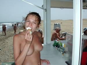euro topless beach - Completely cute nude brunette with beautiful legs, perfect tits and neat  bush poses on the beach