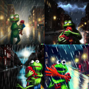 Digital Painting Animated Porn Cartoon Characters - Kermit the Frog cradling a dying Elmo in his arms in the middle of a  thunder storm on a dark city street, digital painting : r/aiArt