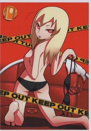 no more heroes hentai - imaizumi teruhiko, jeane (nmh), grasshopper manufacture, no more heroes,  highres, scan, 1girl, barefoot, bikini, blonde hair, candy, caution tape,  freckles, keep out, kneeling, lollipop, long hair, looking back, mouth  hold, red eyes,