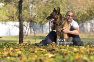German Shepherd Porn Sites - Adult Man Sitting Outdoors With His German Shepherd Stock Photo - Download  Image Now - iStock