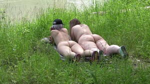 fat matures naked in the grass - Two fat booty rest in the clearing by the river, and the voyeur spies on  them. Pleasant petting lesbian nudist. - XNXX.COM